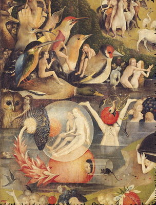 The Garden of Earthly Delights: Allegory of Luxury, central panel of triptych, c.1500 (oil on panel) (detail of 3425) by Hieronymus Bosch - print