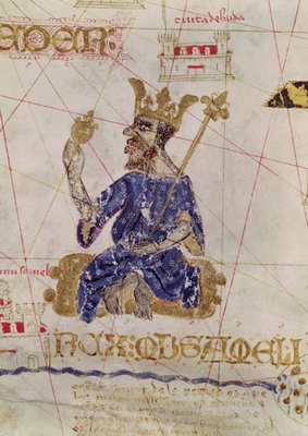 Kankou Mousa, King of Mali, from the Map of Charles V, Map of Mecia de Viladestes, a portulan of Europe and North Africa, 1413 (vellum) by Spanish School - print