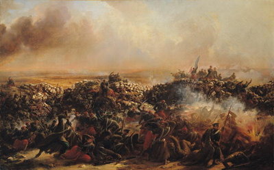 The Battle of Sebastopol, central section of triptych, after 1855 (oil on canvas) (see also 70336 &amp; 70338) by Jean Charles Langlois - print