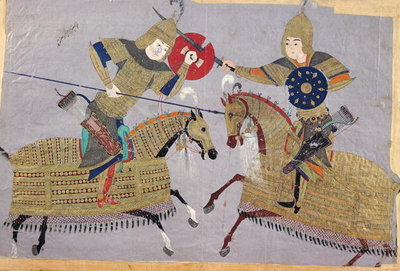 Two warriors on horseback in combat, School of Tabriz, c.1480 by Islamic School - print