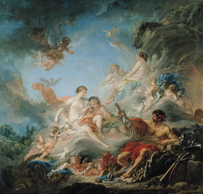 Fine Art Print of The Forge of Vulcan, or Vulcan presenting arms for Aeneas to Venus, tapestry cartoon, 1757 by Francois Boucher