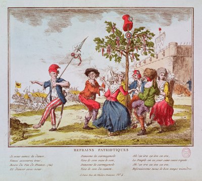 Patriotic Refrains: French revolutionaries dancing the carmagnole around the tree of Liberty, c.1792 (coloured engraving) by French School - print