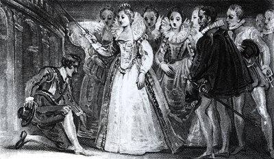 Queen Elizabeth I (1530-1603) Knighting Francis Drake (c.1540-96) in 1581 (engraving) (b/w photo) by English School - print