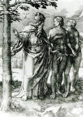 God shows Adam and Eve the Tree of Life in the Garden of Eden, 1529 (engraving) (b/w photo) by German School - print