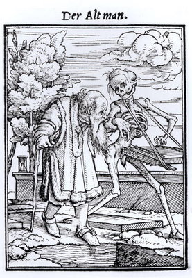 Death and the Old Man, from 'The Dance of Death', engraved by Hans Lutzelburger, c.1538 (woodcut) (b/w photo) by Hans Holbein The Younger - print