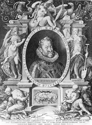 Portrait of Rudolph II (1576-1612) (engraving) (b/w photo) by Johannes Hausser von Ach - print