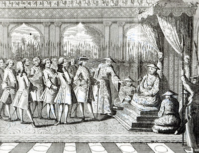 The Viceroy of Canton giving an audience to Commodore Anson from 'George Anson's Voyage around the World in the years 1740-1744' (engraving) (b/w photo) by English School - print