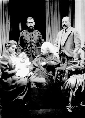 Queen Victoria, Tsar Nicholas II, Tsarina Alexandra Fyodorovna, her daughter Olga Nikolaevna and Albert, Prince of Wales photographed at Balmoral, 1896 (b/w photo) by English Photographer - print