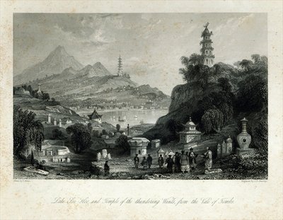 Lake See-Hoo and the Temple of the Thundering Winds, from the Vale of Tombs, engraved by J.C. Bentley, 1843 (steel engraving) by Thomas Allom - print