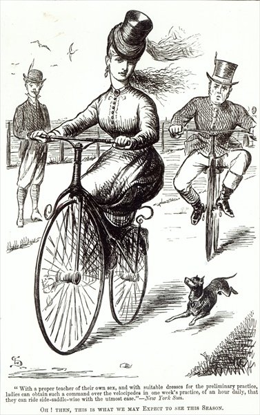 Cartoon of a Lady on a Velocipede, 1869 (engraving) by American School - print