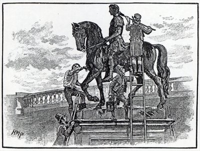 William III statue being painted black, Dublin, 1821 (engraving) by English School - print