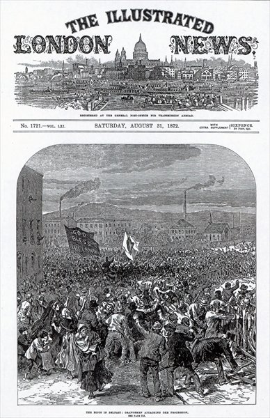 Fine Art Print of The Riots in Belfast: Orangemen attacking the procession, cover of 'The Illustrated London News', August 31st 1872 by English School