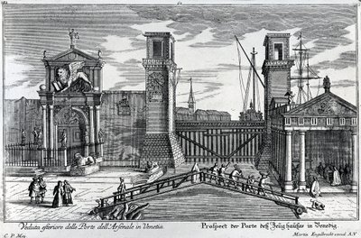 Fine Art Print of View of the gates at the entrance to the Arsenal in Venice, published by Martin Engelbrecht, c.1740s by German School