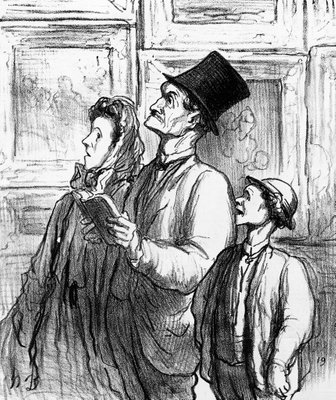Family visiting the Paris salon of 1863 and commenting on the painting 'Olympia' by Manet, cartoon from 'Charivari' magazine, 19 June, 1865 (litho) by Honore Daumier - print