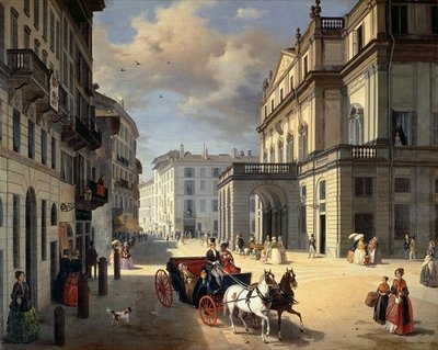 Front of La Scala Theatre, 1852 (oil on canvas) by Angelo Inganni - print