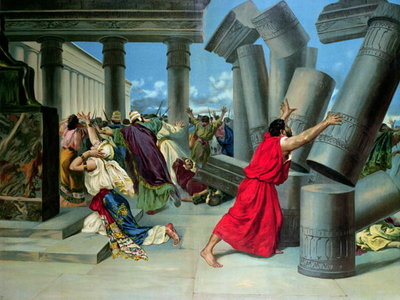 Samson and Delilah and the destruction of the Temple (colour litho) by German School - print