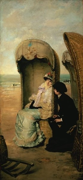 Confidences on the Beach, c.1883 (oil on panel) by Vincente Gonzalez Palmaroli - print