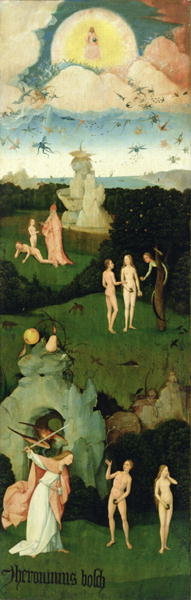 The Haywain: left wing of the triptych depicting the Garden of Eden, c.1500 (panel) by Hieronymus Bosch - print