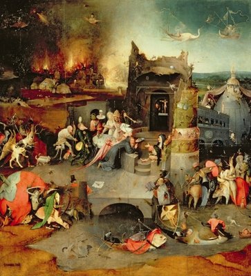 Temptation of St. Anthony (centre panel) (detail of 59834) (see also 35965, 44162, 59834, 67838, 67839 and 29108), (oil on panel) by Hieronymus Bosch - print