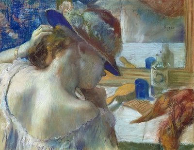 In Front of the Mirror, 1889 (pastel on paper) (see 141380 for unframed version) by Edgar Degas - print