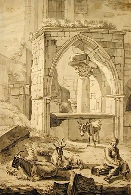 Fine Art Print of Shepherd with goats and a donkey in front of the ruins, 1693 by Willem Romeyn