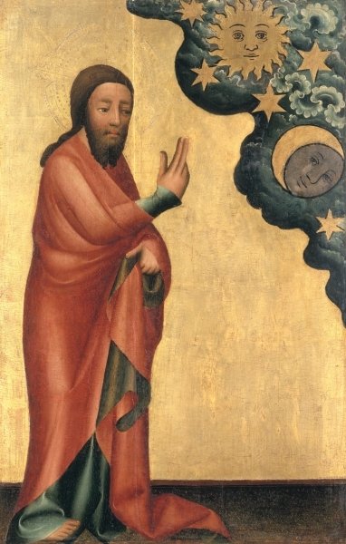 The Creation of the Sun, Moon and stars, detail from the Grabow Altarpiece, 1379-83 (tempera on panel) by Master Bertram of Minden - print
