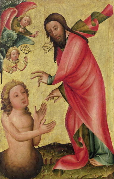 The Creation of Adam, detail from the Grabow Altarpiece, 1379-83 (tempera on panel) by Master Bertram of Minden - print