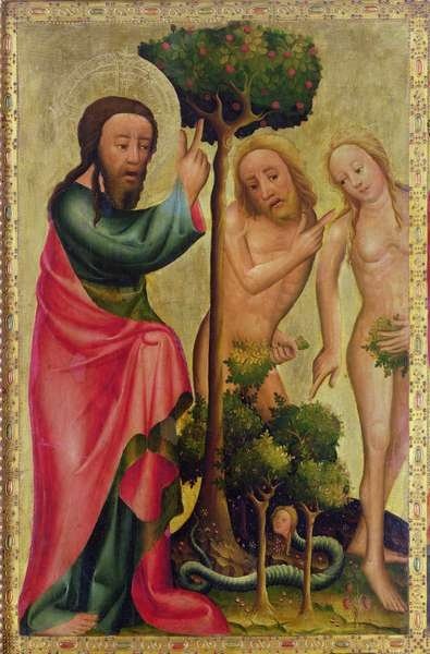 God the Father Punishes Adam and Eve, detail from the Grabow Altarpiece, 1379-83 (tempera on panel) by Master Bertram of Minden - print