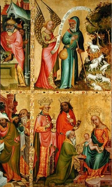 The Annunciation to St. Joachim and the Adoration of the Magi, from the left wing of the Buxtehude Altar, 1400-10 (tempera on panel) (detail of 159469) by Master Bertram of Minden - print