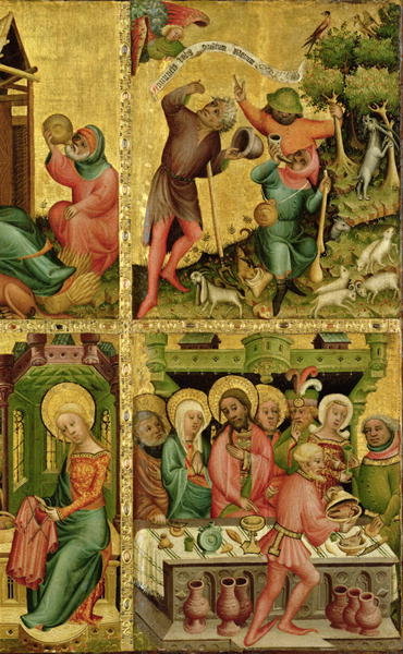 The Annunciation to the Shepherds and the Marriage at Cana, from the right wing of the Buxtehude Altar, 1400-10 (tempera on oak) by Master Bertram of Minden - print