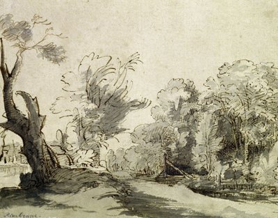 Landscape with a path, an almost dead tree on the left and a footbridge leading to a farm on the right (pen, ink and wash on paper) by Rembrandt Harmensz. van Rijn - print