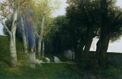 Sacred Grove, 1886 (oil on panel) by Arnold Bocklin - print