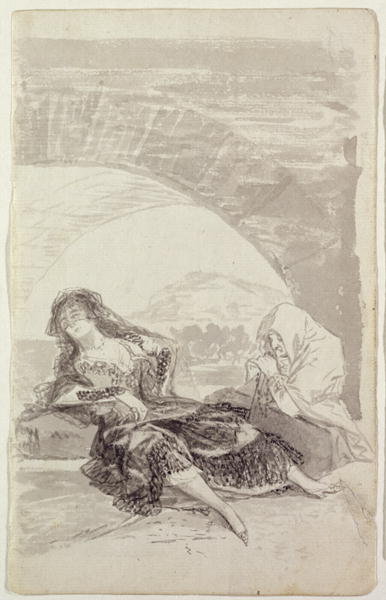 Maja and Celestina under an arch (grey and black pencil on paper) by Francisco Jose de Goya y Lucientes - print
