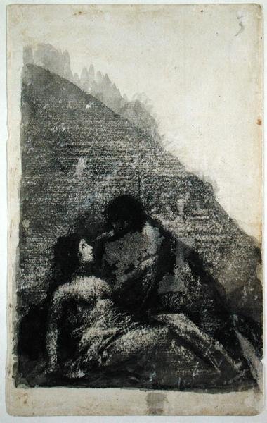 Lovers reclining together in the dark (black ink and wash on paper) by Francisco Jose de Goya y Lucientes - print