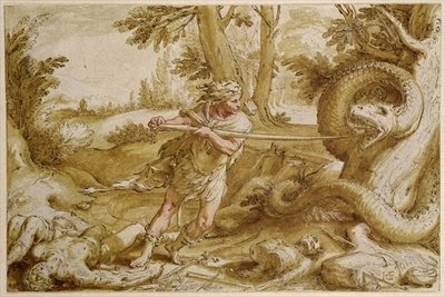 Cadmus about to attack a Dragon (pen and ink drawing with brown wash and white highlighting) by Hendrik Goltzius - print