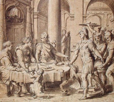 The Banquet of Dido and Aeneas, model for a tapestry in the Story of Aeneas series, c.1532 (pen &amp; ink &amp; wash on paper) by Perino del Vaga - print