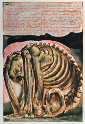 Book of Urizen; the creation of Urizen in material form by Los, 1794 (colour-printed relief etching) by William Blake - print