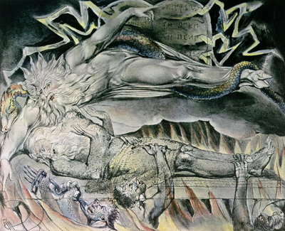 Illustrations of the Book of Job; Job's Evil Dreams, showing Job's God, who has become Satan with cloven hoof and entwined by a serpent, pointing to the Mosaic Tablets of the Law, 1825 (pen, w/c over pencil) by William Blake - print