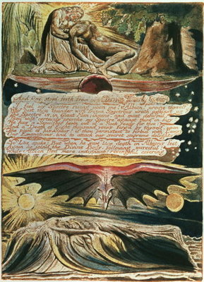 Jerusalem The Emanation of the Giant Albion: "And One stood forth", top to bottom, Los supported by Christ; Albion's burial in the Supulcher, 1804, (relief etching, white line engraving, w/c) by William Blake - print