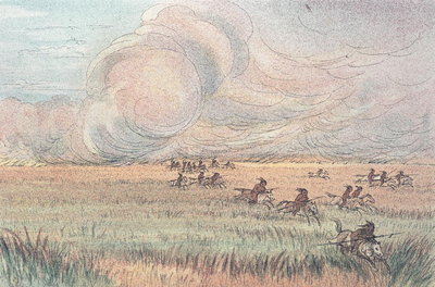 Missouri prairie fire (colour litho) by George Catlin - print