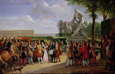 Louis XIV (1638-1715) Dedicating Puget's 'Milo of Crotona' in the Gardens at Versailles, 1819 (oil on canvas) by Anicet-Charles Lemonnier - print