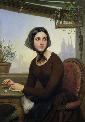 Rigolette Trying to Distract herself during Germain's Absence, 1844 (oil on canvas) by Joseph Desire Court - print