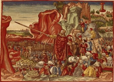 Moses parting the Red Sea, image from the Luther Bible (hand coloured print) by German School - print