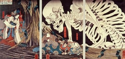Mitsukini Defying the Skeleton Spectre, c.1845 (hand coloured woodcut print) by Utagawa Kuniyoshi - print