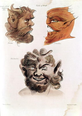 Heads of Evil Demons: Theumis, Asmodeus and The Incubus, illustrations from 'The Magus', pub. 1801 (hand coloured engraving) by Francis Barrett - print
