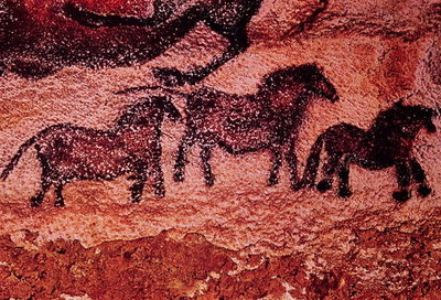 Rock painting of tarpans (ponies), c.17000 BC (cave painting) by Prehistoric - print