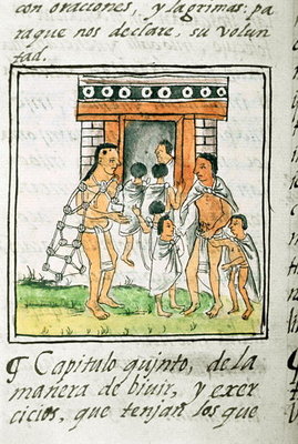 Ms Palat. 218-220 Book IX Young children entering a house, from the 'Florentine Codex' by Bernardino de Sahagun, c.1540-85 by Spanish School - print