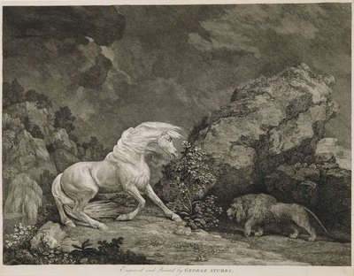 A Horse Affrighted by a Lion, engraved by the artist (etching) by George Stubbs - print