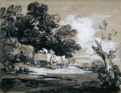 Wooded Landscape with Country Cart and Figures, c.1785-88 (black &amp; white chalk with wash on paper) by Thomas Gainsborough - print