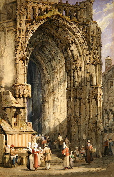 The Porch, Rheims Cathedral, c.1840 (w/c, gouache &amp; ink on paper) by Samuel Prout - print